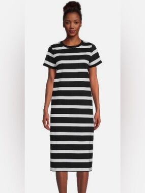 W Sz.L 100% Cotton Blk/Wht Stripe SS Tee Midi Dress Resort Beach Summer Resort